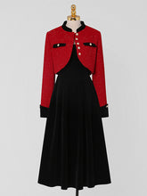Load image into Gallery viewer, 2PS Red Tweed Jacket Coat And Black Velvet Dress Set