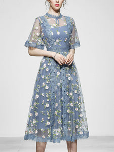 Blue Embroidery Daisy Lace Neck Maxi Dress