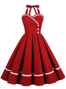 Solid Color Halter Backless 1950S Vintage Swing Dress, Wine Red / XL Solid Color Halter Backless 1950S Vintage Swing Dress, Wine Red / XL