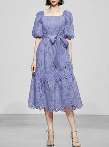 Embroidered Square Collar Puff Sleeve Vintage Dress Boho Dress