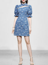 Load image into Gallery viewer, Retro Cheongsam Stand Collar Hollow Puff Sleeves Denim Printed Mini Dress