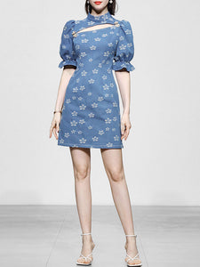 Retro Cheongsam Stand Collar Hollow Puff Sleeves Denim Printed Mini Dress