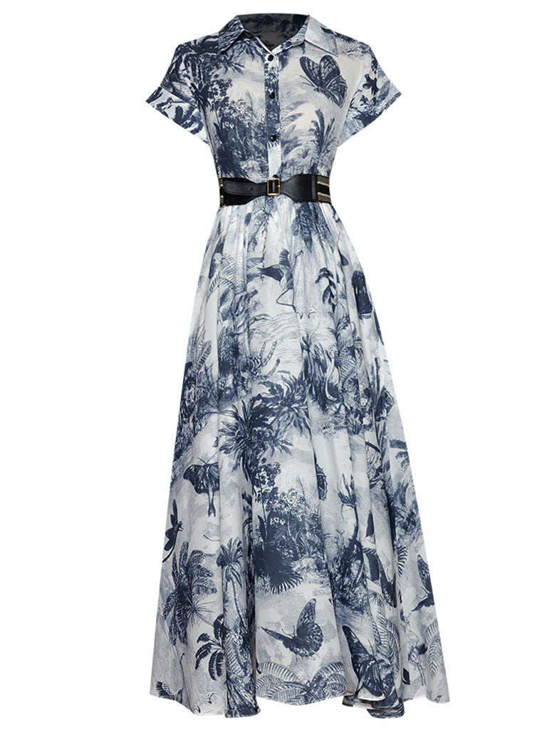 Blue Butterfly Print 1950S Vintage Dress With Belt, Black / S