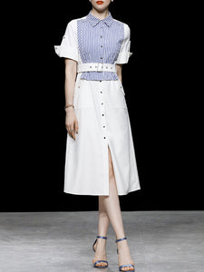 White Striped Short Sleeve 1950S Shirt Dress