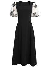 Load image into Gallery viewer, Black Butterfly Puff Sleeve Audrey Hepburn Style 50S Dress