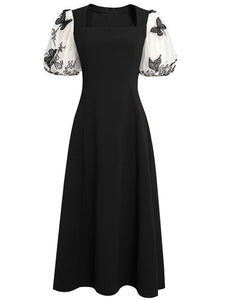 Black Butterfly Puff Sleeve Audrey Hepburn Style 50S Dress