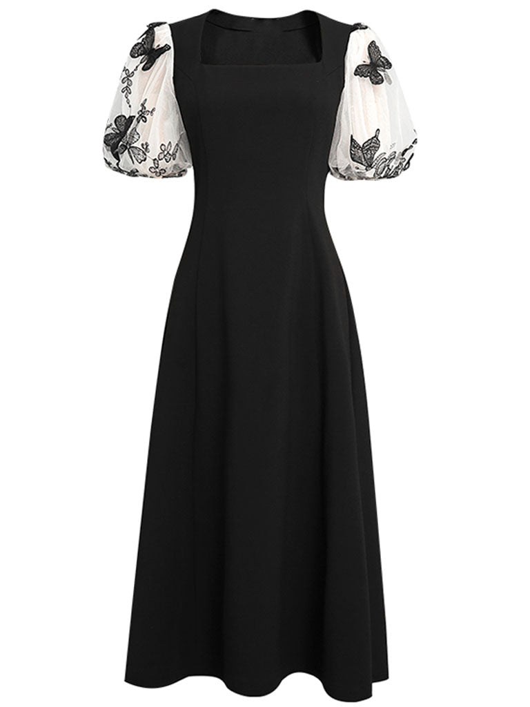 Black Butterfly Puff Sleeve Audrey Hepburn Style 50S Dress