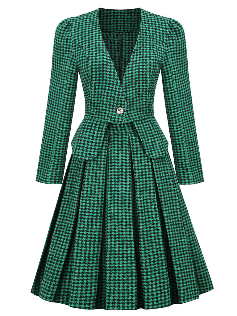 1950S Green Houndstooth Long Sleeve Vintage Blazer Swing Dress Set – Jolly  Vintage