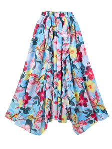 Blue Flower Print Ruffles Long Sleeve One Piece With Bathing Suit Wrap Skirt