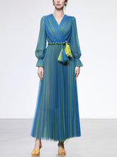 Load image into Gallery viewer, Blue V Neck Lantern Sleeve Pleated Fairy Dress