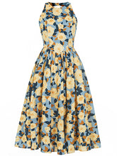Load image into Gallery viewer, 1950S Hepburn Style Outfits Blue And Yellow Floral Print Back Hollow Heart Swing Dress