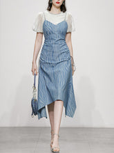 Load image into Gallery viewer, 2PS White 1950S Vintage Classic Top And Spaghetti Strap Denim Swing Dress Suit