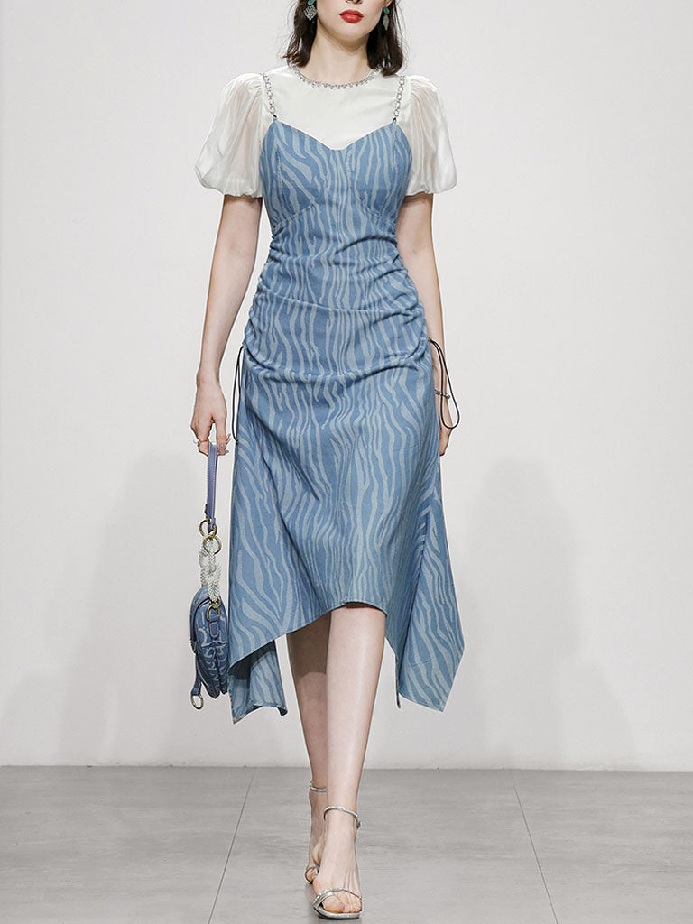 2PS White 1950s Vintage Classic Top and Spaghetti Strap Denim Swing Dress Suit, White/Denim / L 2PS White 1950s Vintage Classic Top and Spaghetti Strap Denim Swing Dress Suit, White/Denim / L