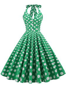 Green And White Polka Dots Pockets Vintage Halter 1950S Dress With Button