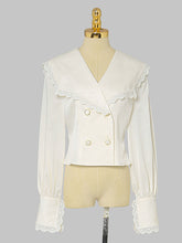 Load image into Gallery viewer, 2PS White Lace Ruffles V Neck Top And Brown Fishtail Skirt Dress Suit