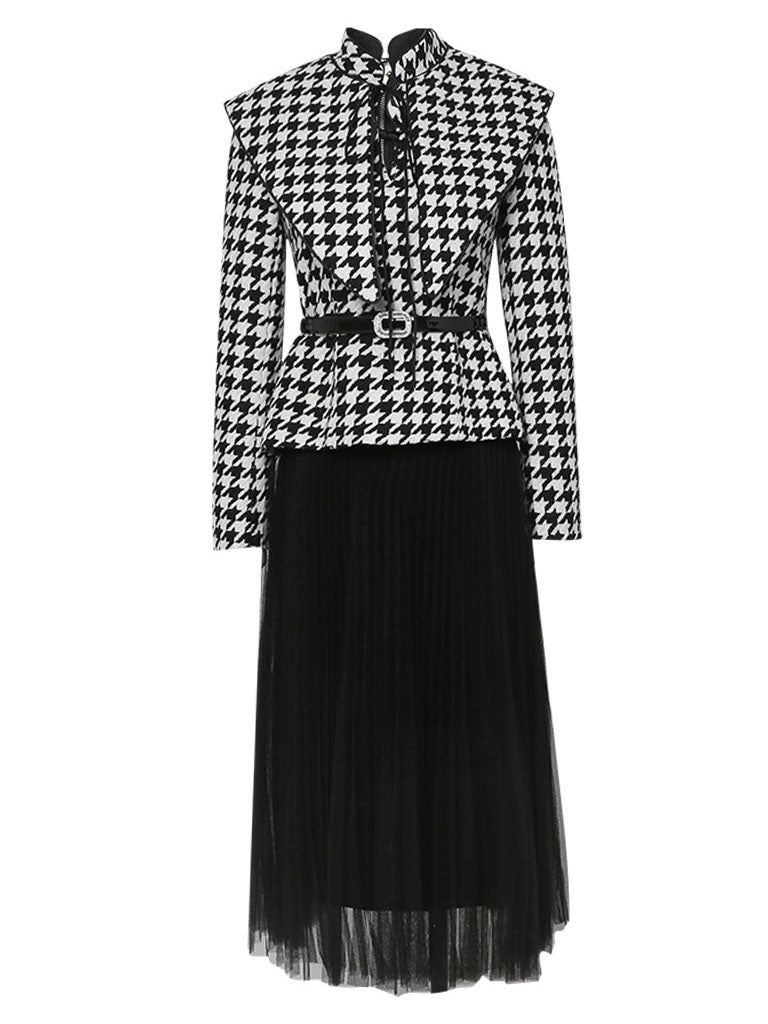 2PS Houndstooth Pattern 1950S Vintage Classic Top And Tulle Skirt Suit