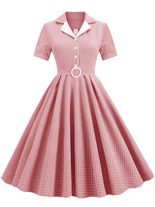 Green Plaid Turn Down Collar Short Sleeves 1950S Vintage Shirt Dress