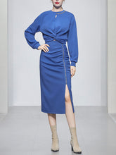 Load image into Gallery viewer, 2PS Royal Blue Casual Crew Neck Loose Short Sweater And Smocked Bodycon Skirt Suit