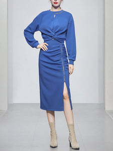 2PS Royal Blue Casual Crew Neck Loose Short Sweater And Smocked Bodycon Skirt Suit