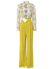 Load image into Gallery viewer, 2PS Yellow Ruffles Collar Floral Print Shirt And Pant Suit
