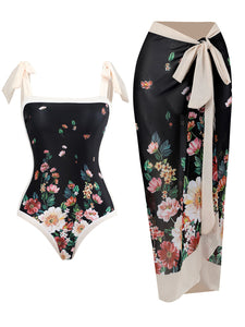 Black Floral Print Flower Strap One Piece With Bathing Suit Wrap Skirt