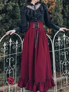 Black Lace Petal Blouse With Crimson Ruffled Skirt Set Edwardain Vinatge Dress Set