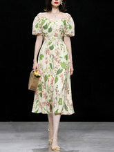 Load image into Gallery viewer, Green Floral Print Square Neck Off Shoulder 1950S Vintage Summer Holiday Dress