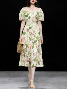 Green Floral Print Square Neck Off Shoulder 1950S Vintage Summer Holiday Dress