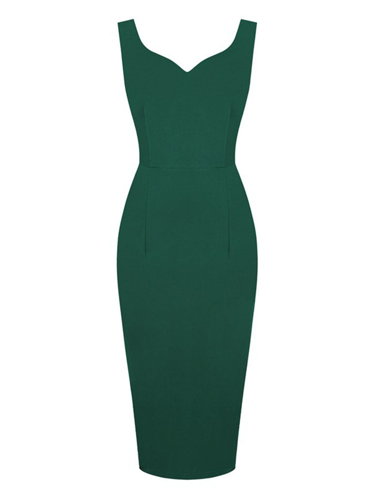 Solid Color Sweet Heart Collar 1950S Vintage Bodycon Dress, Green / S Solid Color Sweet Heart Collar 1950S Vintage Bodycon Dress, Green / S