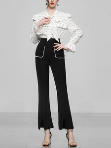 2PS White V Neck Ruffles Long Sleeve Top With High Waist Wide Leg Pants Suit