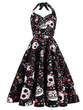 Load image into Gallery viewer, Black 1950S Halloween Skull Printed Halter Vintage Dress
