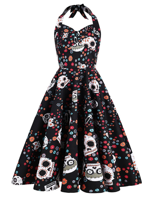 Black 1950S Halloween Skull Printed Halter Vintage Dress