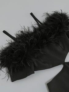Black Spaghetti Strap Feather Off The Shoulder Bodycon Dress Sexy Gown Party Dress