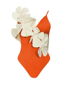 Orange And White Flower One Piece With Bathing Suit Swing Skirt