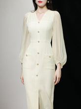 Load image into Gallery viewer, Light Pink Solid Color Puff Long Sleeve V-Neck Pearl 1940S Dress