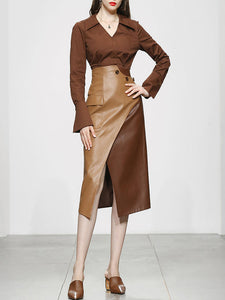 2PS Brown 1950S Vintage V Neck Classic Top And Brown Irregular Pu Skirt Suit