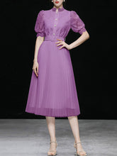 Load image into Gallery viewer, Apricot Stand Collar Puff Sleeve Mesh Pleated Dress