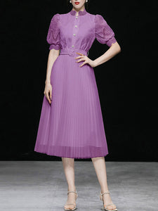 Apricot Stand Collar Puff Sleeve Mesh Pleated Dress