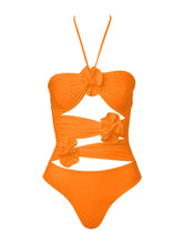 Load image into Gallery viewer, Orange Handmade Flower Halter Ruffles One Piece With Bathing Suit Wrap Skirt