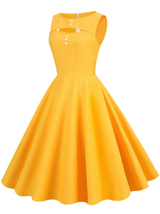 Yellow Cut Out Sleeveless 1950S Vinatge Dress With Pockets
