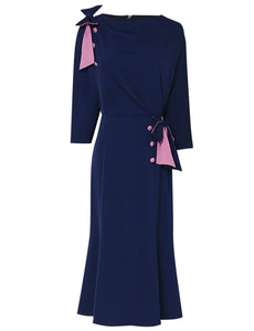 Navy Bowknot Collar Half Sleeve 1940S Bodycon Vintage Dress
