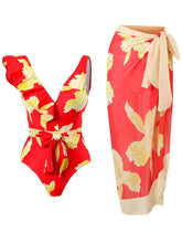 Load image into Gallery viewer, Blue Floral Print Ruffles Strap One Piece With Bathing Suit Wrap Skirt