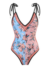 Load image into Gallery viewer, Floral Print Retro Style V Neck One Piece With Bathing Suit Wrap Skirt