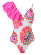 Load image into Gallery viewer, Pink Floral Print Ruffles Strap One Piece With Bathing Suit Wrap Skirt