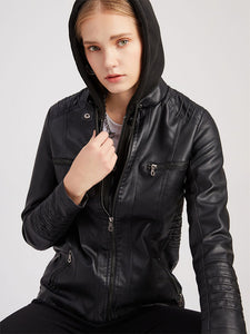 Winter‘s Coat Long Sleeve PU Leather With faux fur lined Warm Hooded Jacket For Women