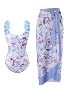 Floral Print Flower Strap One Piece With Bathing Suit Wrap Skirt