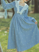 Load image into Gallery viewer, Blue Sailor Petal Neck Embroidered Vintage Dress