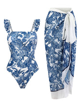Load image into Gallery viewer, Floral Print Retro Style Strap One Piece With Bathing Suit Wrap Skirt