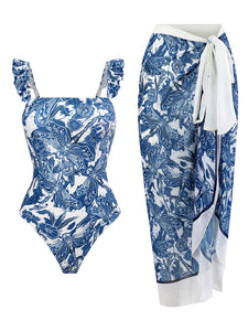 Floral Print Retro Style Strap One Piece With Bathing Suit Wrap Skirt