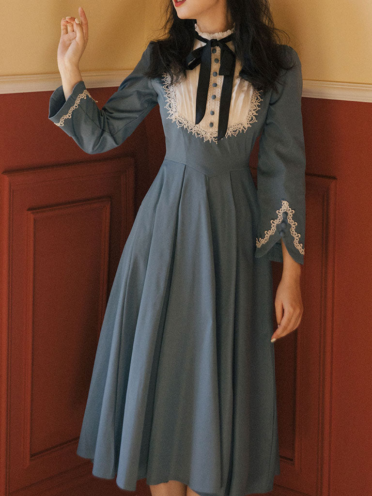 Dark Green Long Sleeve Ruffles Evdwardian Revival Dress